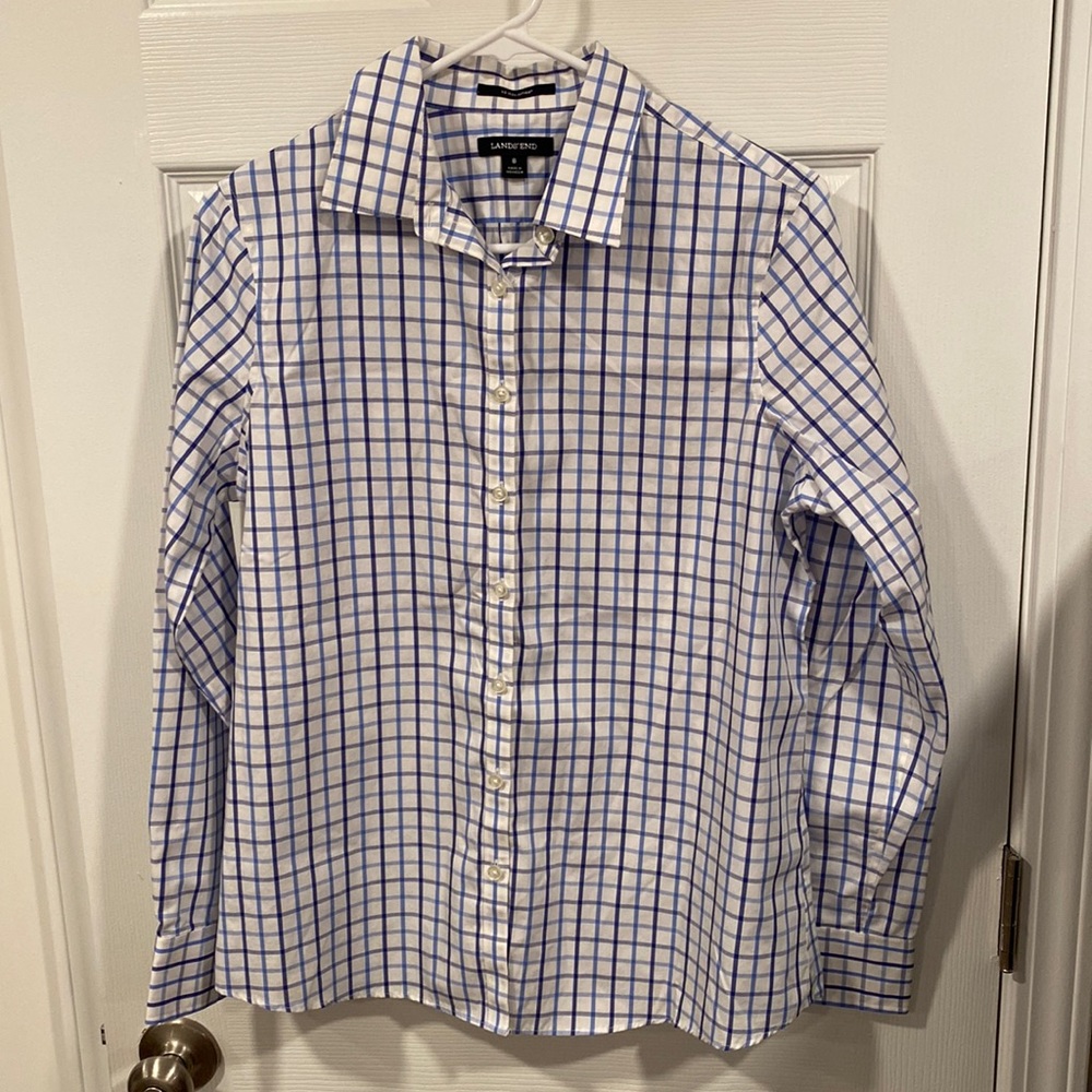 White and blue checkered print button down